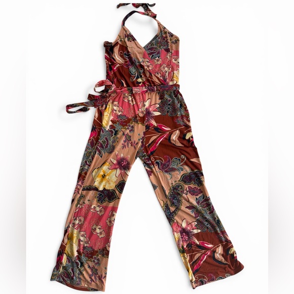Veronica M Floral Halter Wide-Leg Jumpsuit in Rust and Pink - Picture 2 of 5